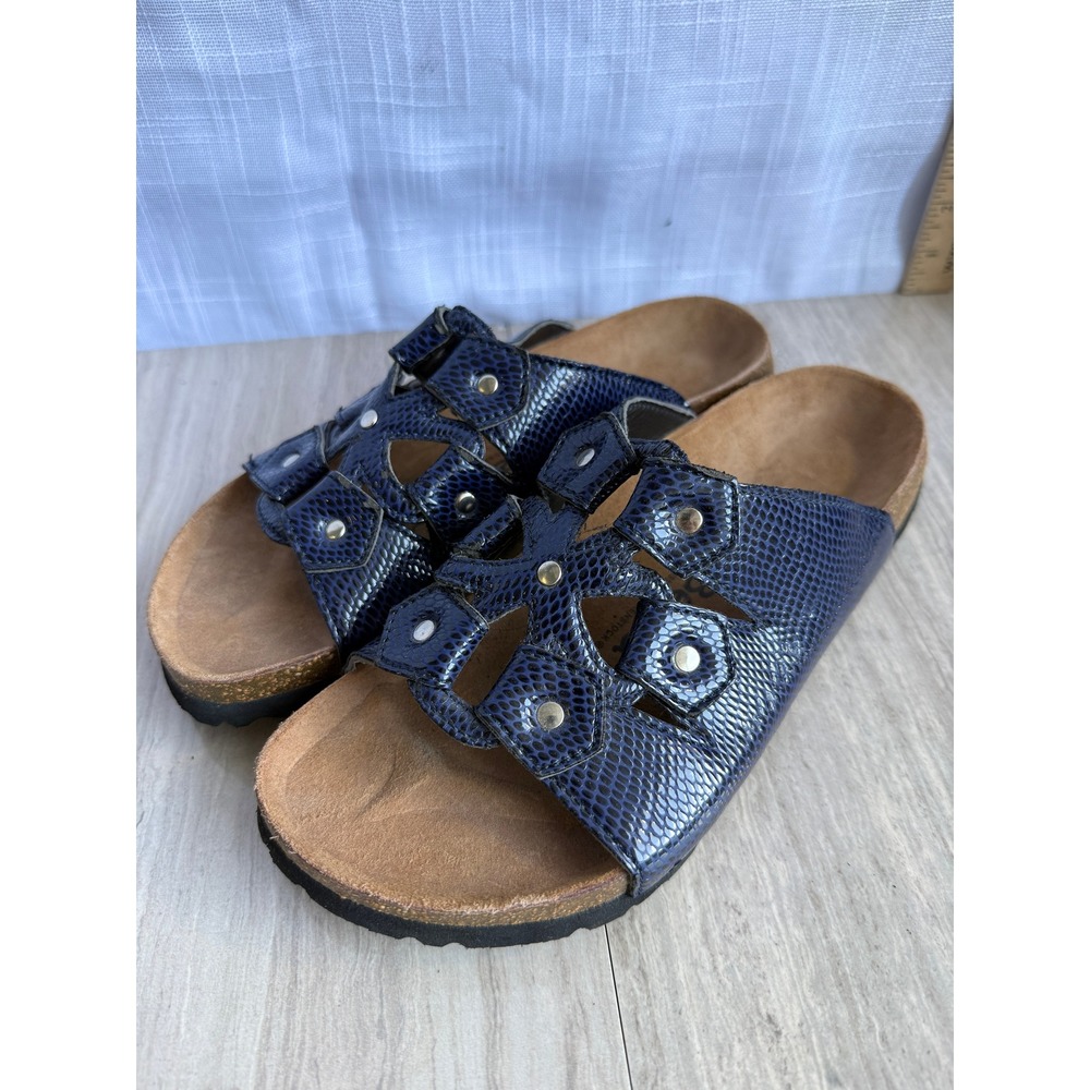 Betula by Birkenstock Blue Snake Print Studded Sandals Sz 40 Slides Cork Footbed